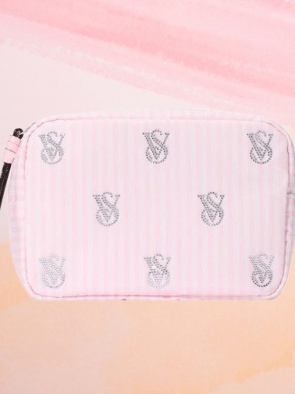 Victoria's Secret Shine Logo Travel Makeup Bag - Heritage Stripe Diamante - NWT